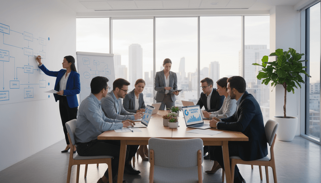 Professionelles Geschäftsteam in Konferenzraum mit Dokumenten und digitalen Geräten